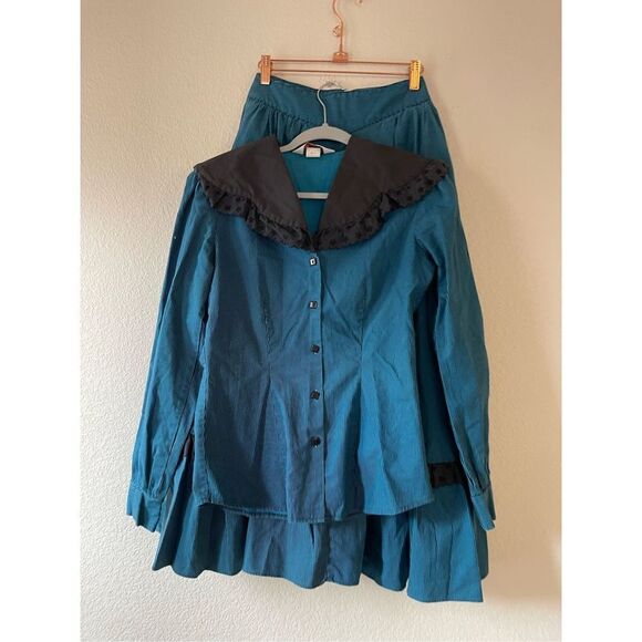 Vintage prairie style blouse and skirt set stripe with oversized collar size xs - Picture 2 of 11